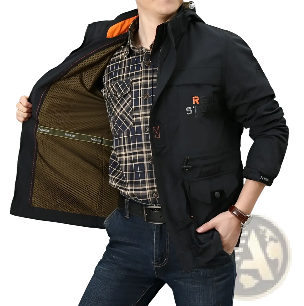 Men’s loose fit waterproof tactical hooded jacket in black with orange lining worn over a plaid shirt
