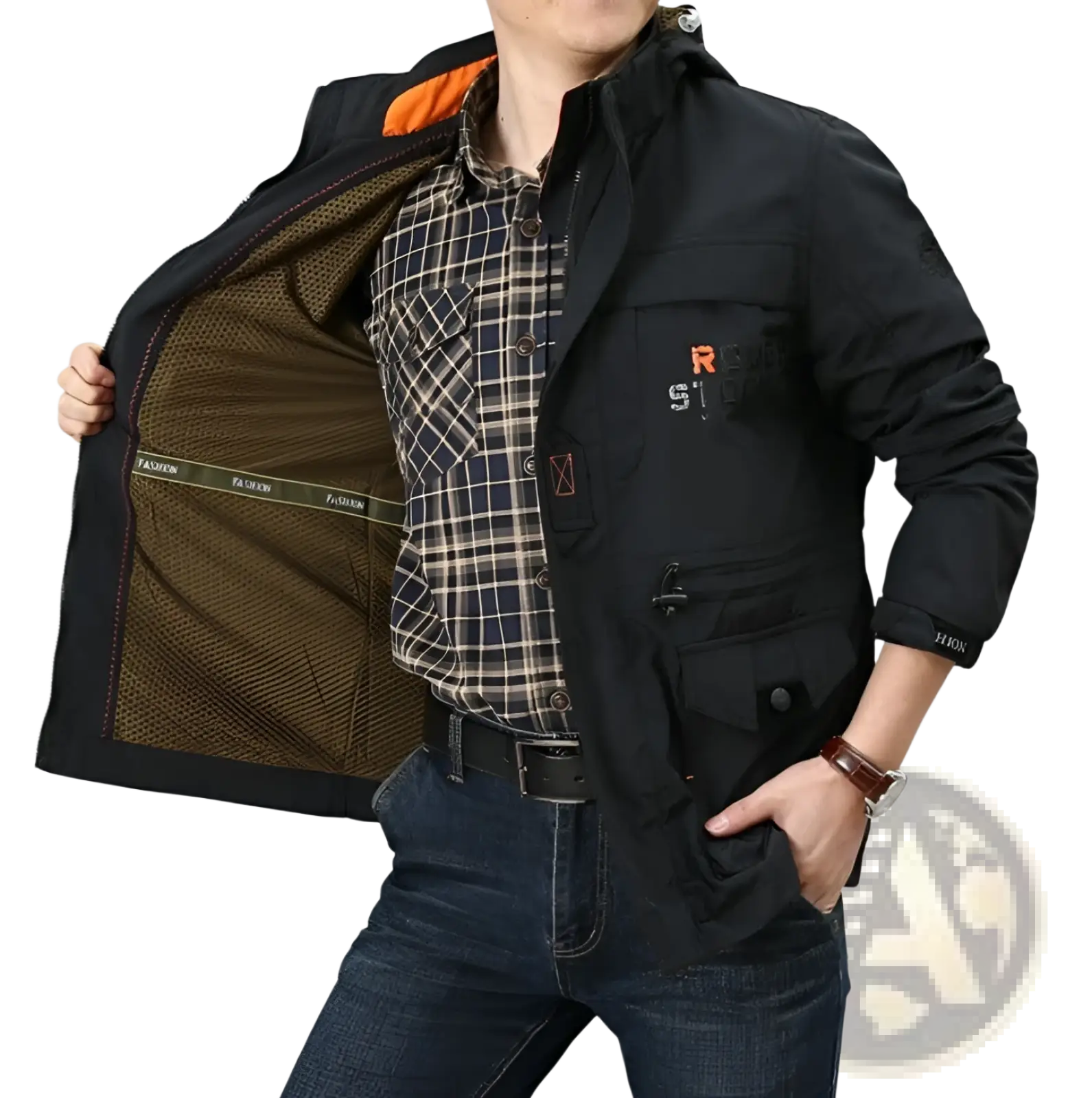 Men’s loose fit waterproof tactical hooded jacket in black with orange lining worn over a plaid shirt