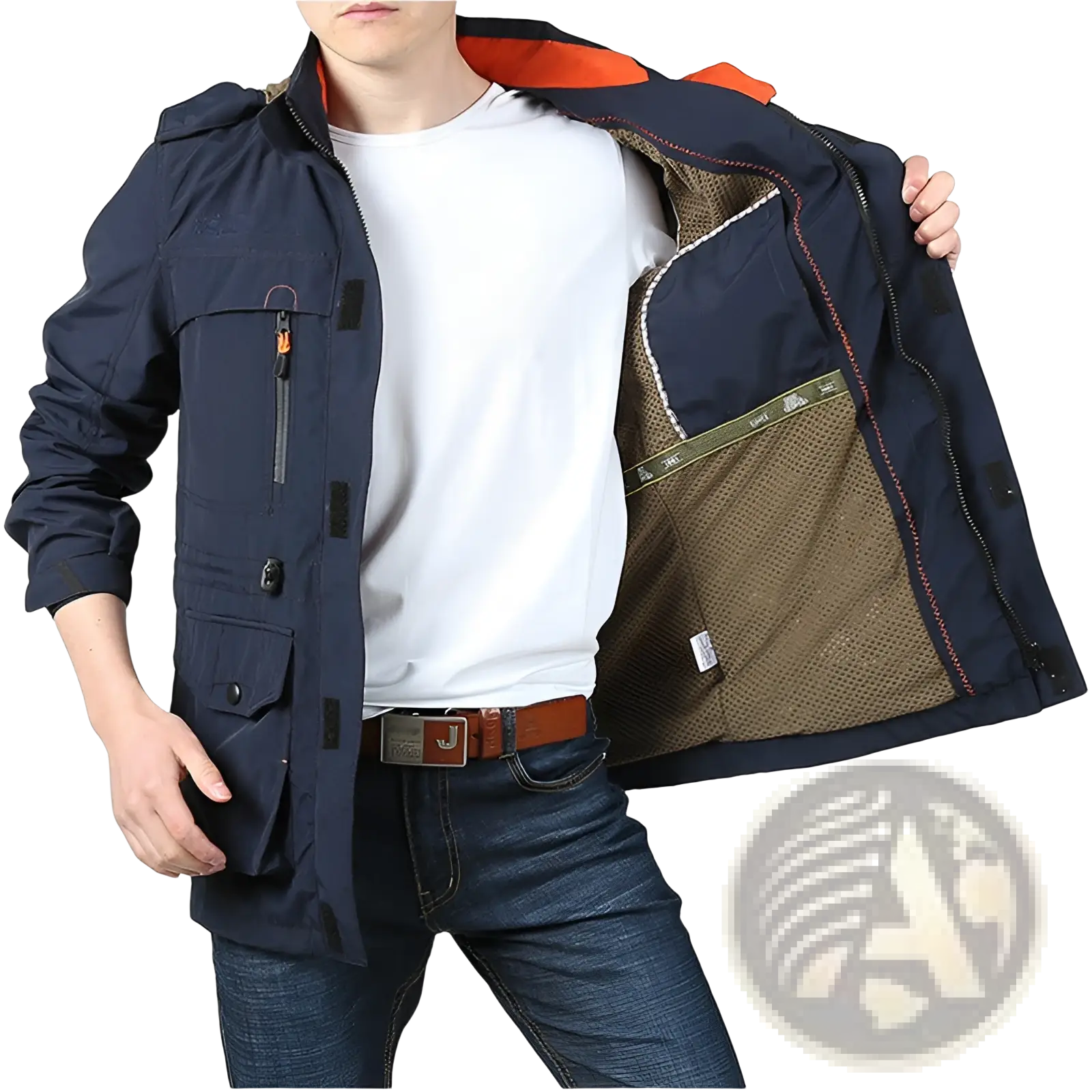 Men’s loose fit waterproof tactical hooded jacket in navy blue with orange inner lining and mesh pockets