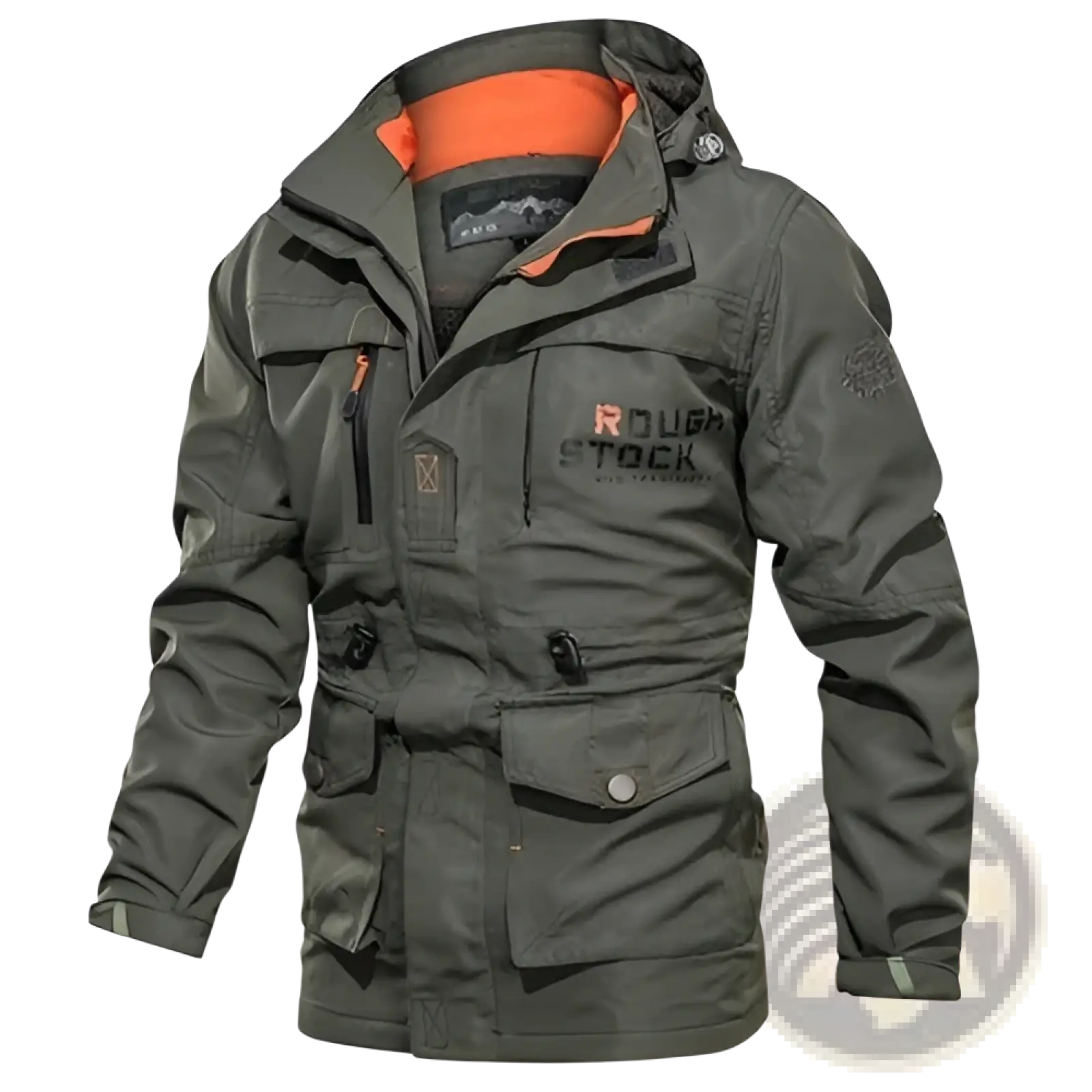 Men’s loose fit waterproof tactical hooded jacket in dark olive green with orange lining and Rough Stock branding on chest