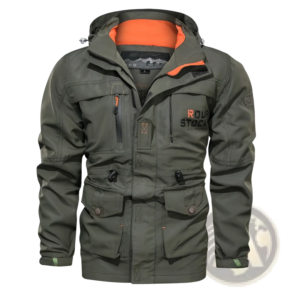 Men’s loose fit olive green waterproof tactical hooded jacket with orange lining and Rough Stock branding on chest