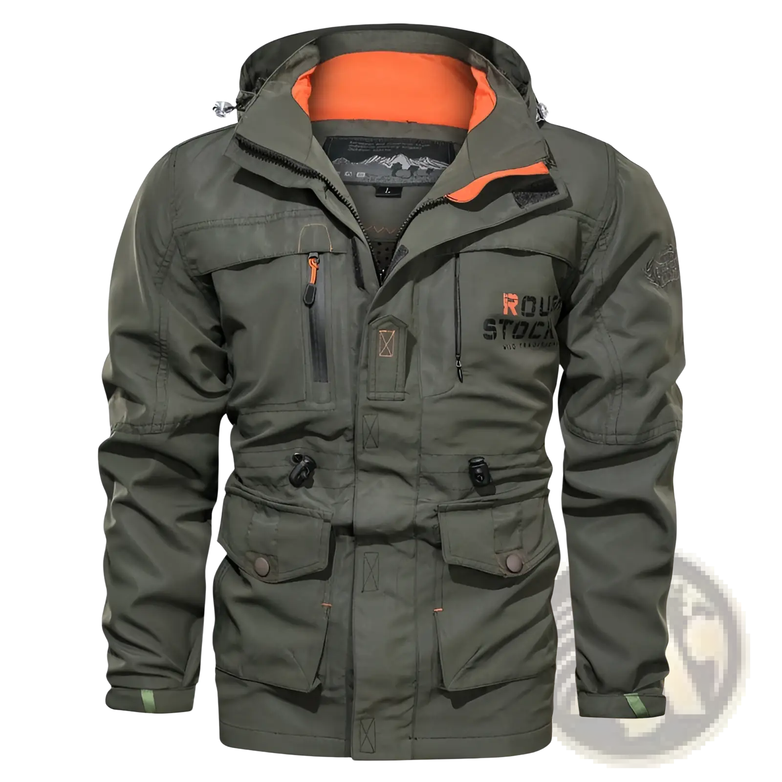 Men’s loose fit olive green waterproof tactical hooded jacket with orange lining and Rough Stock branding on chest