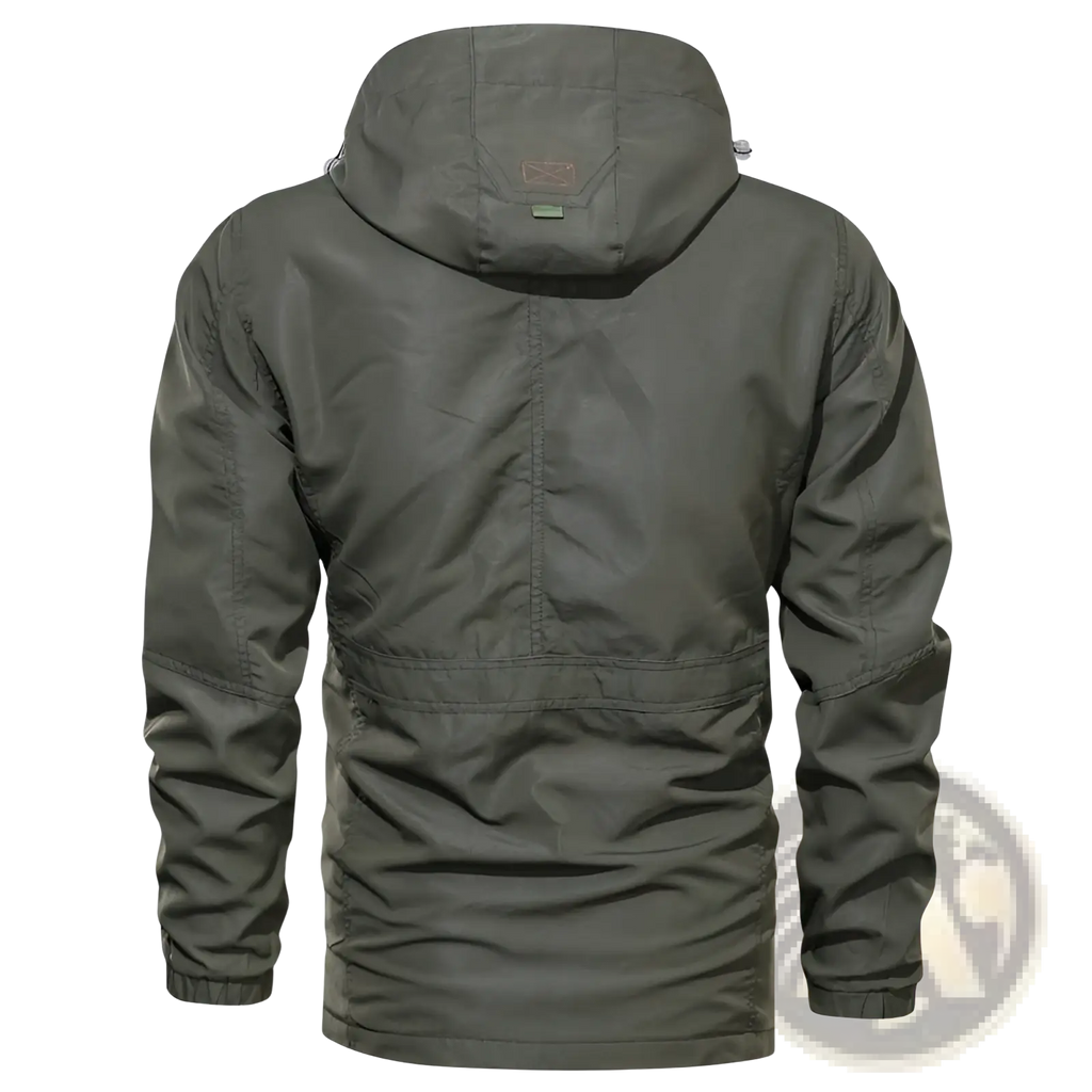 Back side of an olive green men’s loose fit waterproof tactical hooded jacket with a subtle logo patch on the collar