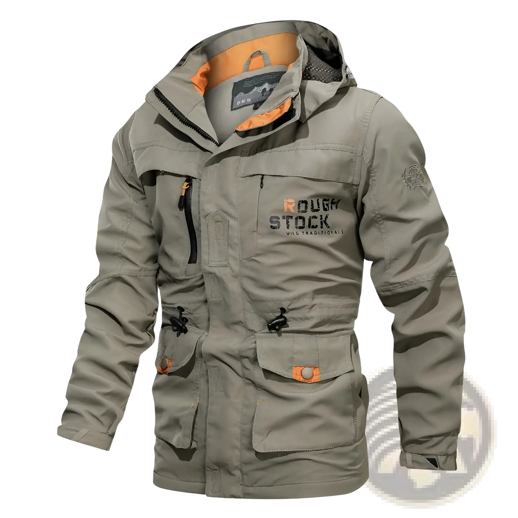 Men’s loose fit olive green waterproof tactical hooded jacket with orange accents and multiple pockets
