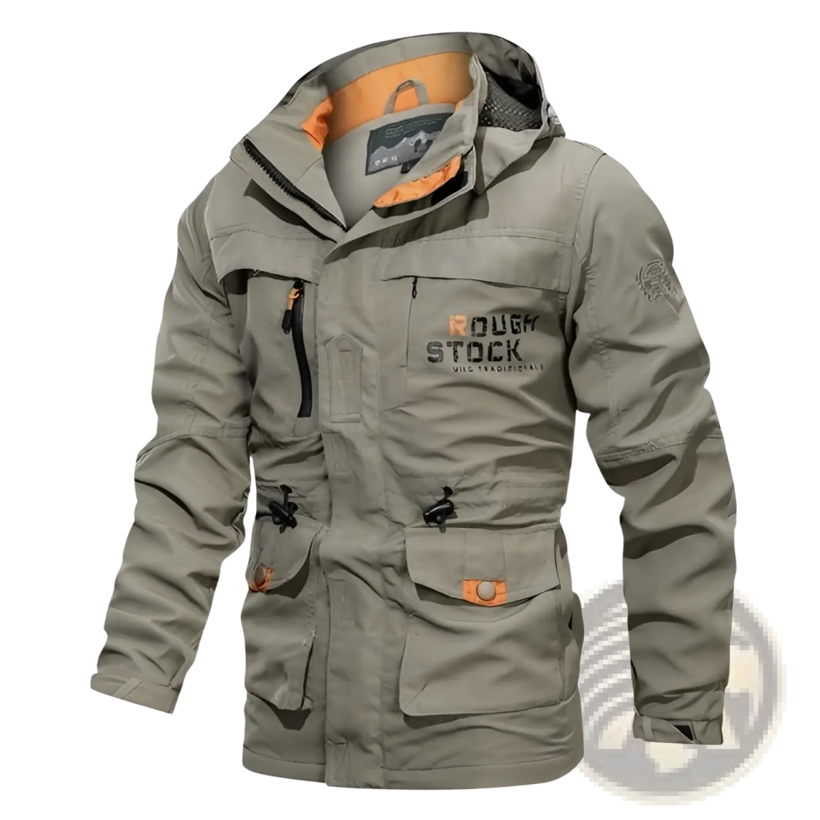 Men’s loose fit olive green waterproof tactical hooded jacket with orange accents and multiple pockets visible from the back