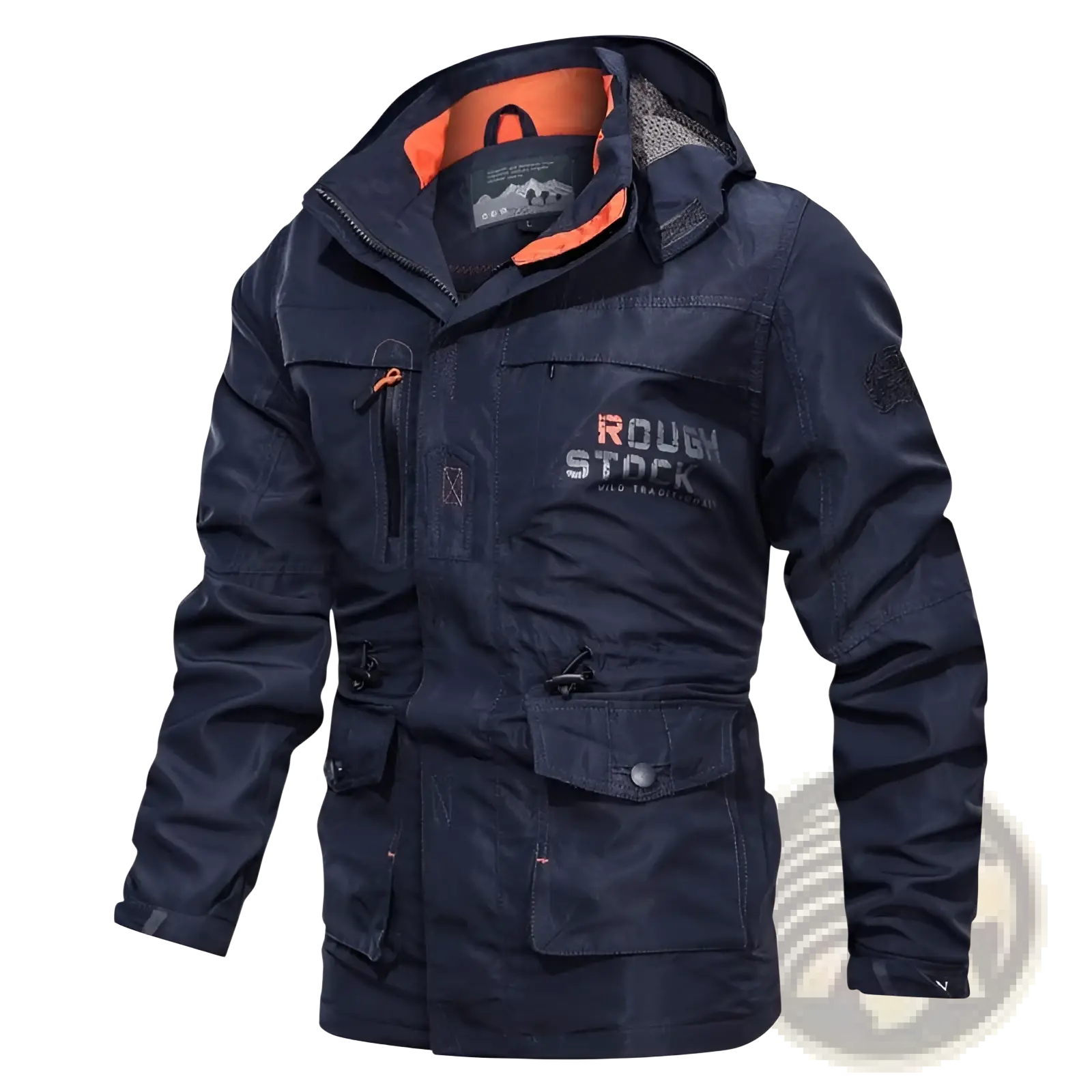 Men’s loose fit dark navy blue waterproof tactical hooded jacket with orange interior lining and multiple utility pockets