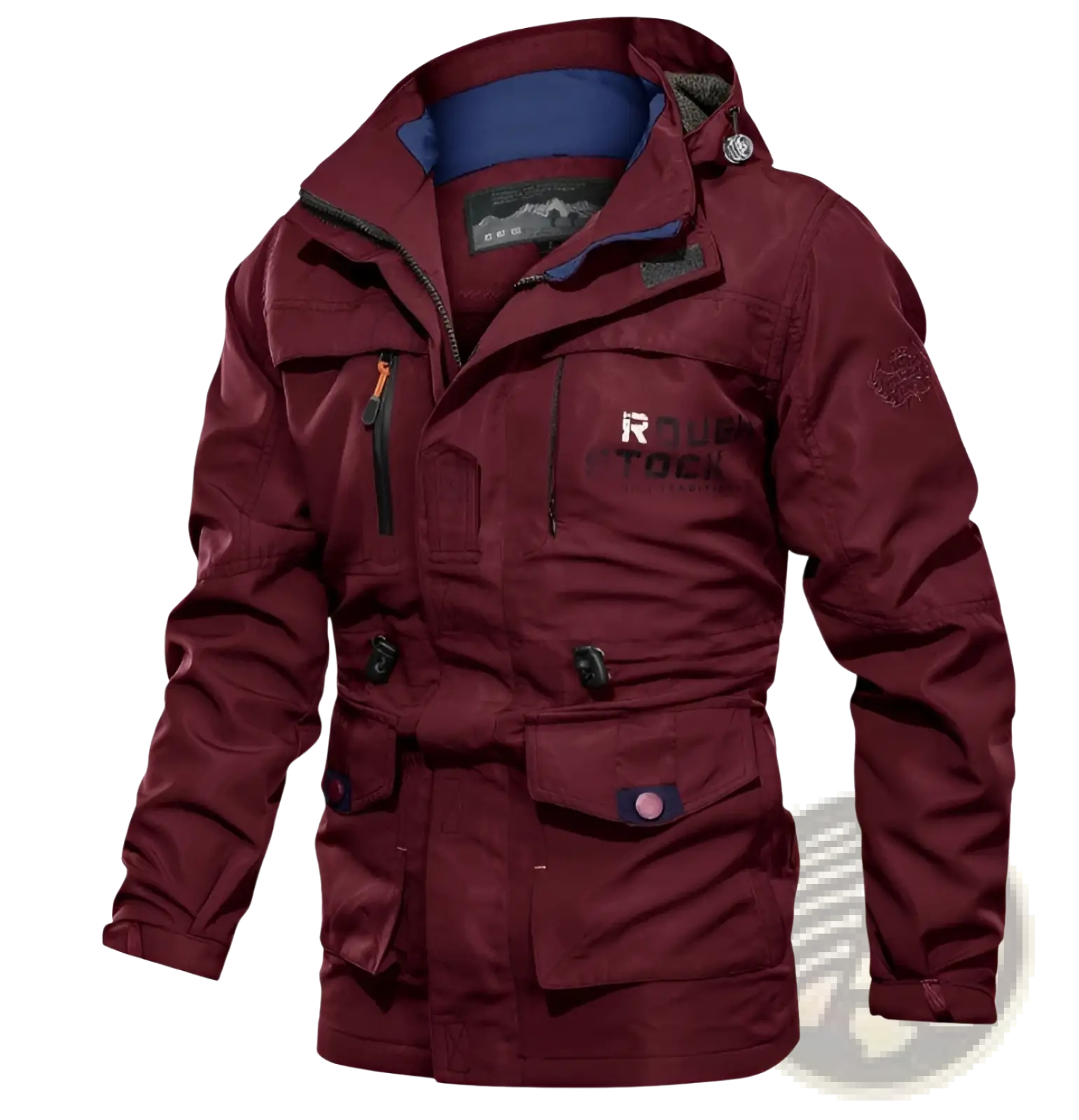 Men’s loose fit maroon waterproof tactical hooded jacket with multiple pockets and black zipper pulls, subtle chest branding