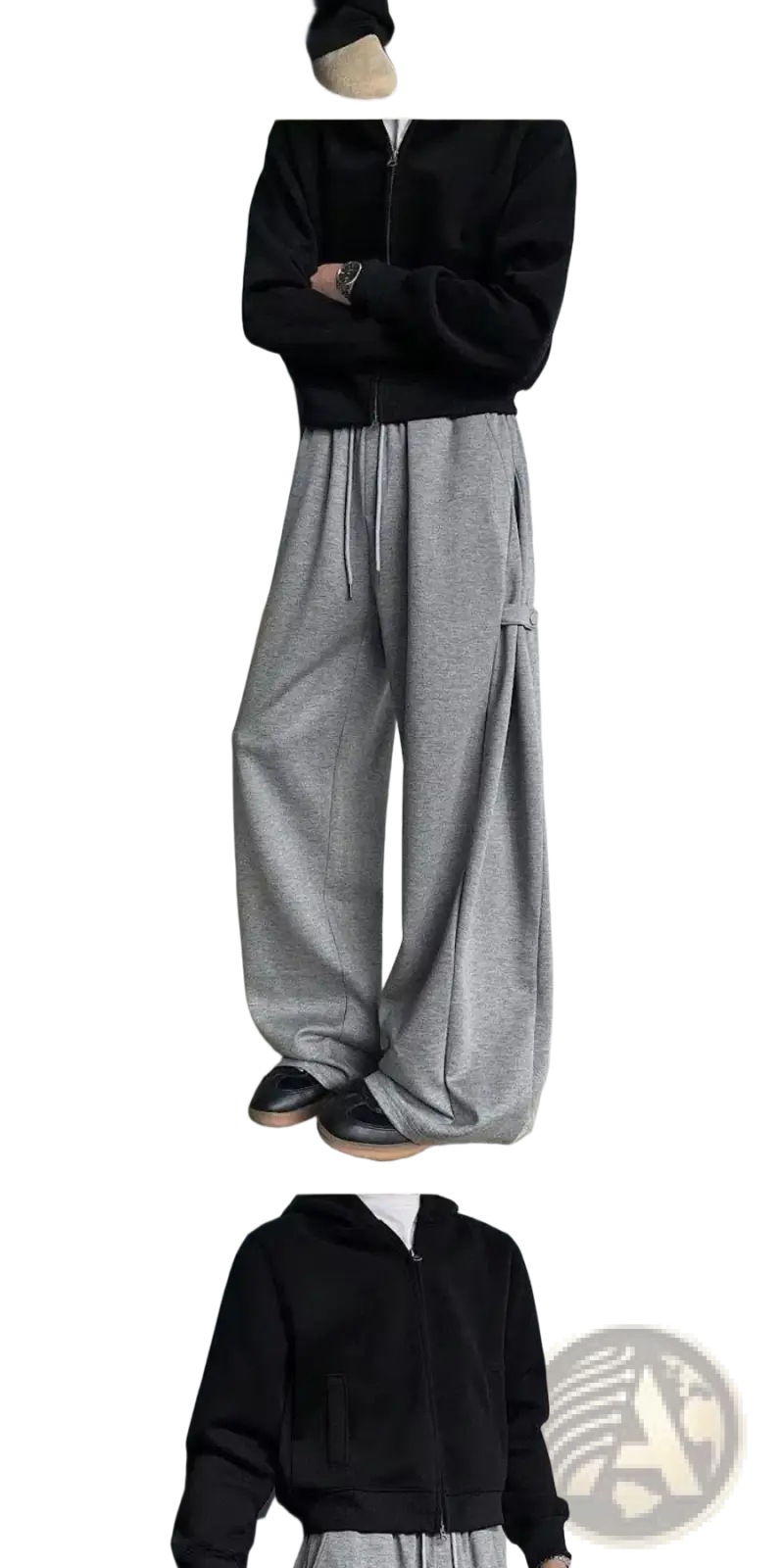 Men’s loose fit wide leg casual sweatpants in gray textured fabric with side pockets and drawstring waistband