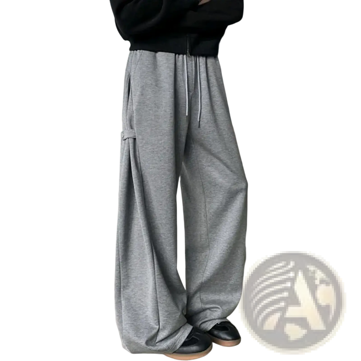 Men’s loose fit wide leg casual sweatpants in gray heathered fabric with drawstring waist and side pockets