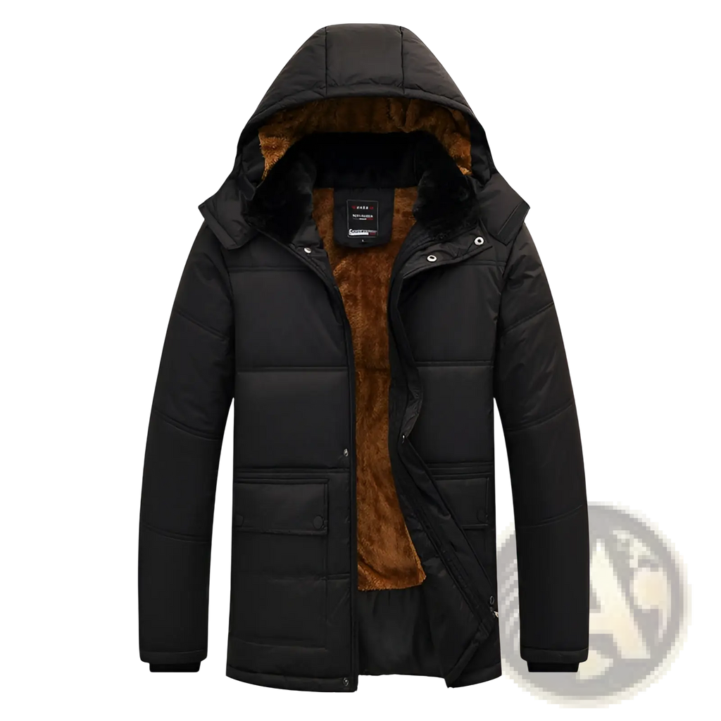 Men’s loose hooded quilted puffer jacket in black with brown faux fur lined hood and fleece lining with front pockets