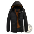 Men’s loose hooded quilted puffer jacket in black with brown faux fur lined hood and fleece lining with front pockets