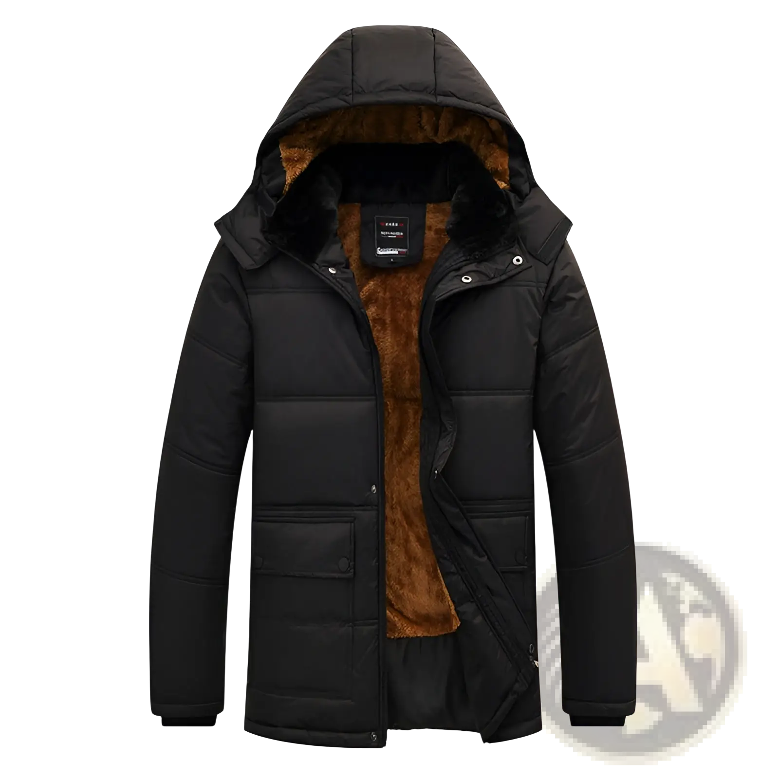 Men’s loose hooded quilted puffer jacket in black with brown faux fur lined hood and fleece lining with front pockets