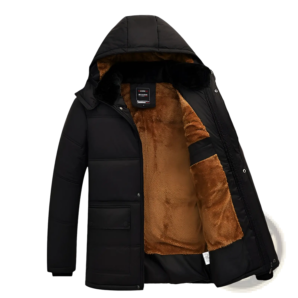 Men’s loose black quilted puffer jacket with hood and brown fleece lining for winter wear