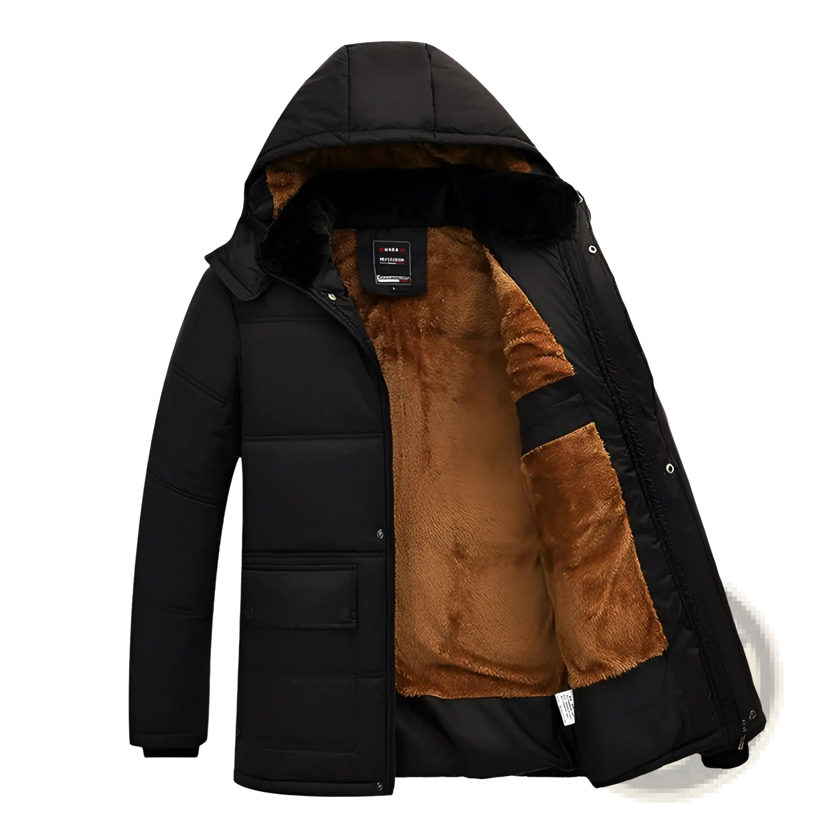 Men’s loose black quilted puffer jacket with hood and brown fleece lining for winter wear