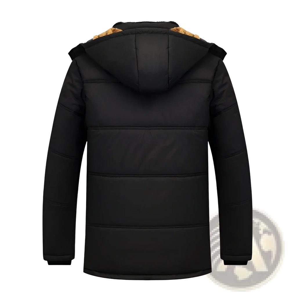 Men’s loose hooded quilted puffer jacket in black with tan faux fur-lined hood and fleece lining for winter wear