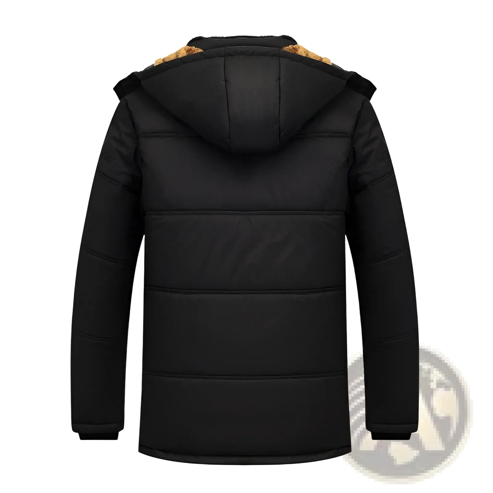 Men’s loose hooded quilted puffer jacket in black with tan faux fur-lined hood and fleece lining for winter wear