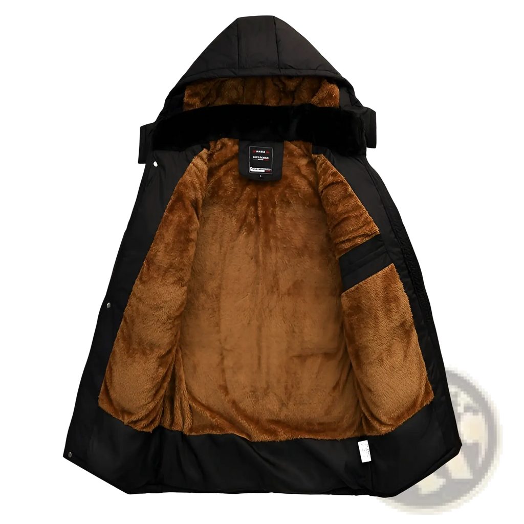 Men’s loose black hooded quilted puffer jacket with plush brown fleece lining for winter warmth and comfort