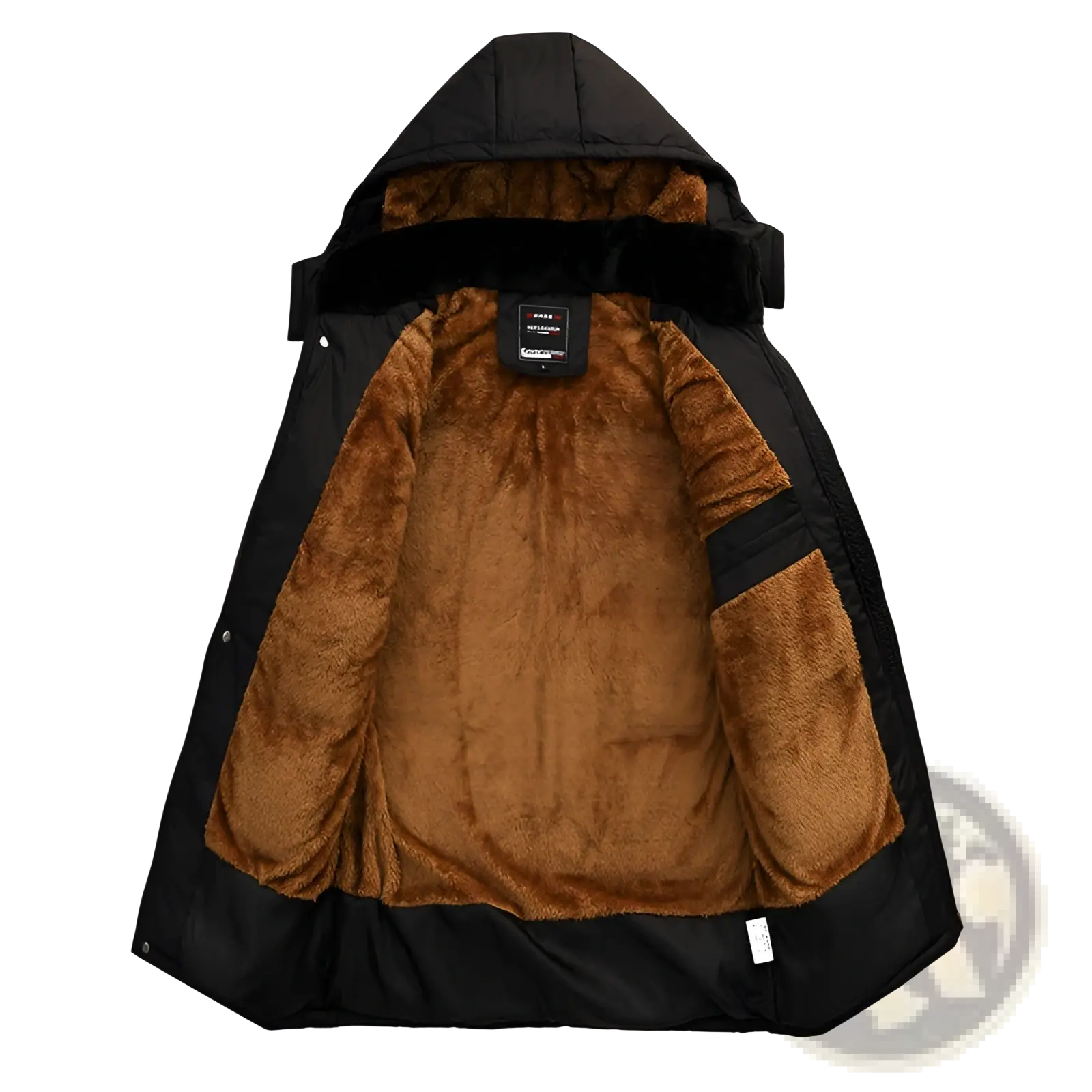 Men’s loose black hooded quilted puffer jacket with plush brown fleece lining for winter warmth and comfort