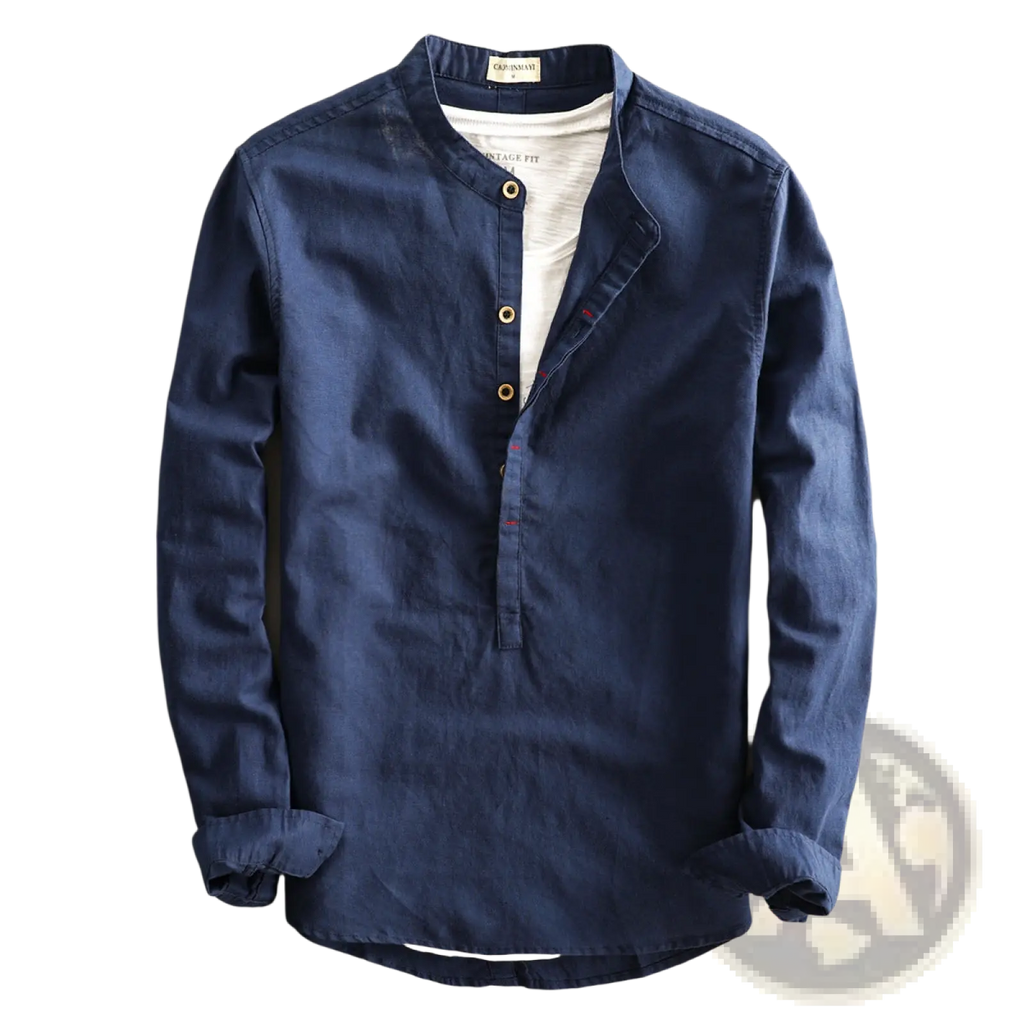 Navy blue men’s loose linen long sleeve shirt with mandarin collar and gold toned buttons
