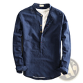 Navy blue men’s loose linen long sleeve shirt with mandarin collar and gold toned buttons