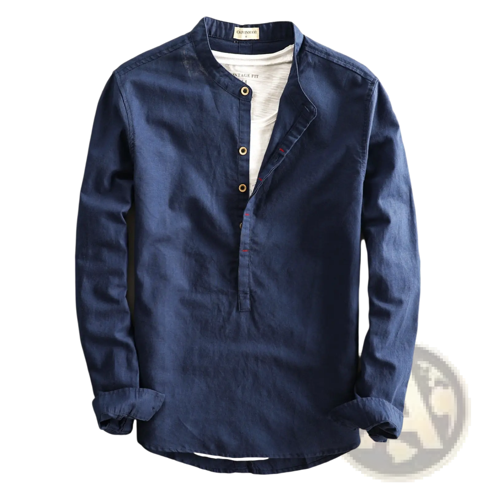 Navy blue men’s loose linen long sleeve shirt with mandarin collar and gold toned buttons