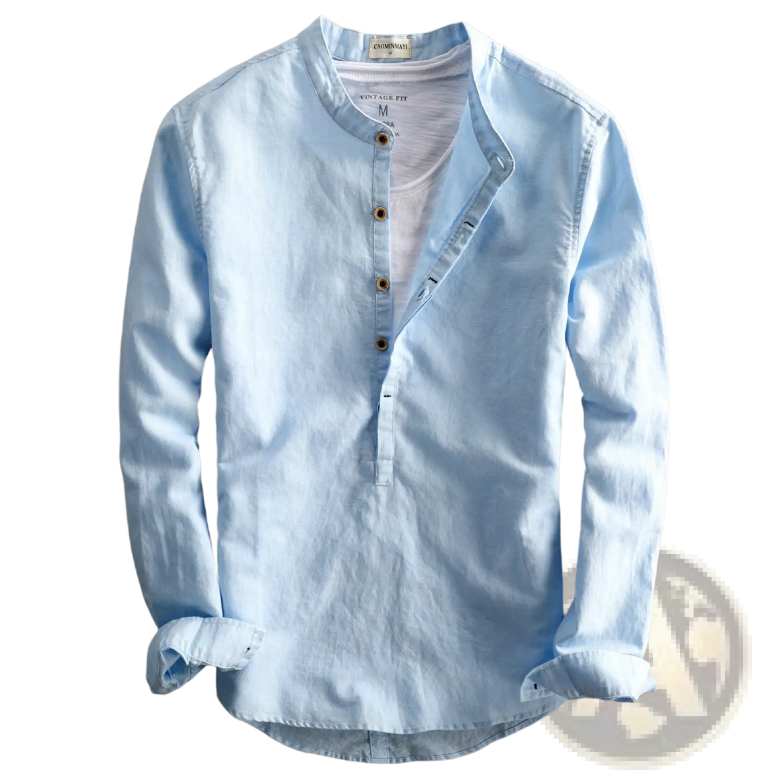 Men’s loose light blue linen henley shirt with stand-up mandarin collar long sleeves and wooden buttons