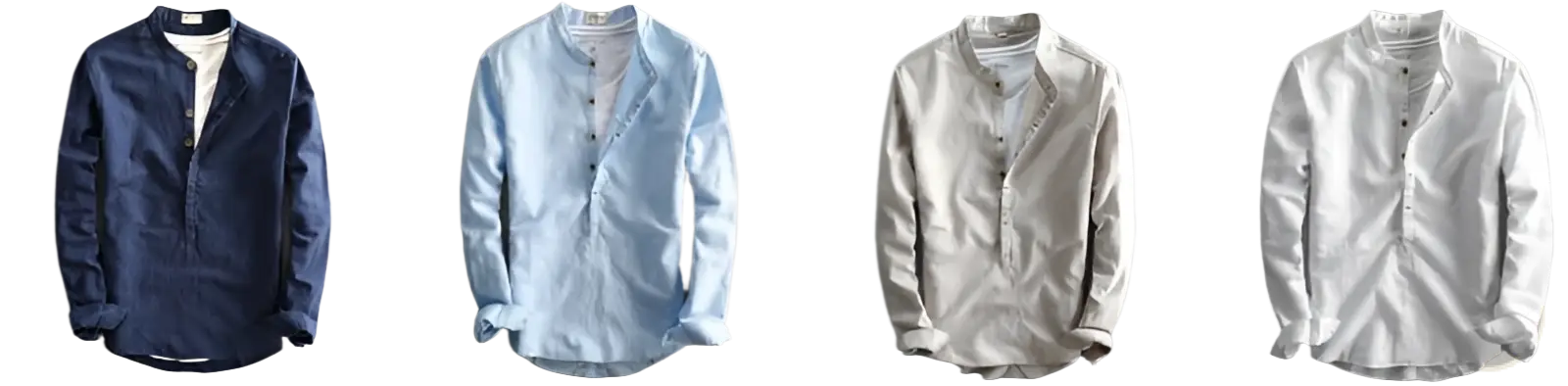 Four men’s loose linen mandarin collar long sleeve shirts in navy blue light blue beige and white displayed front view