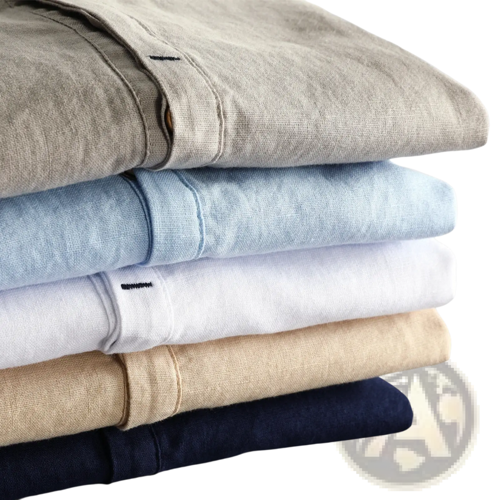 Stack of neatly folded men’s loose linen pants in neutral tones including beige, light blue, white, tan, and navy