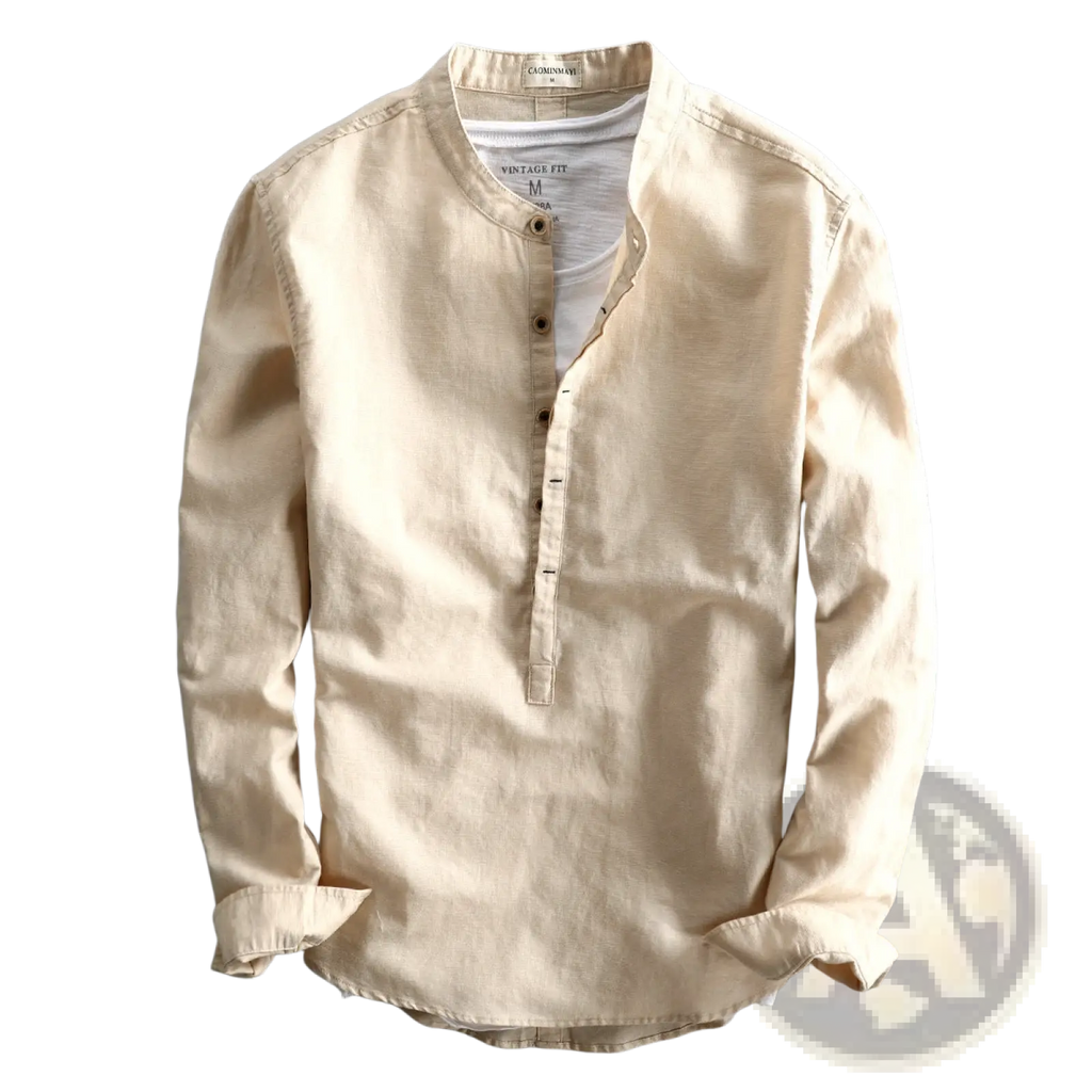 Beige linen men’s loose long sleeve shirt with mandarin collar and button-front placket