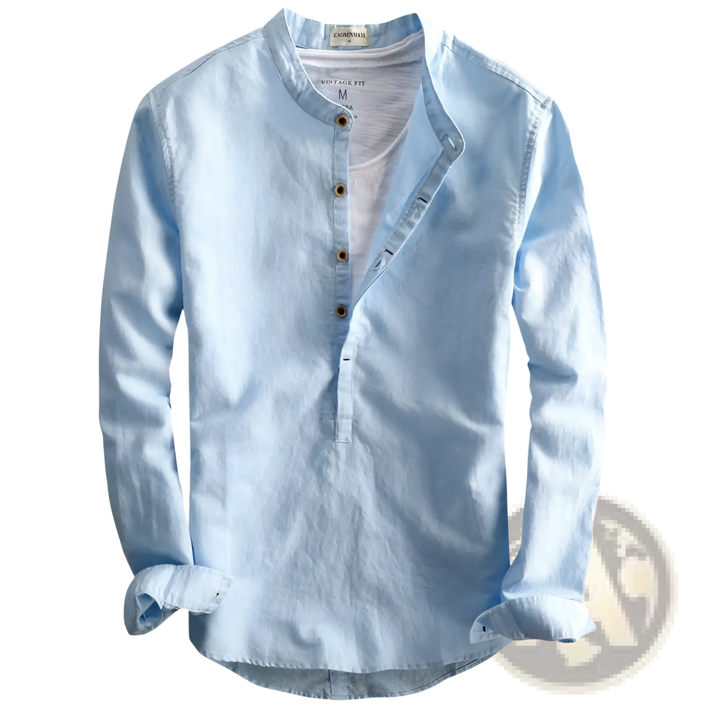 Light blue men’s loose linen long sleeve shirt with mandarin collar and button-down front