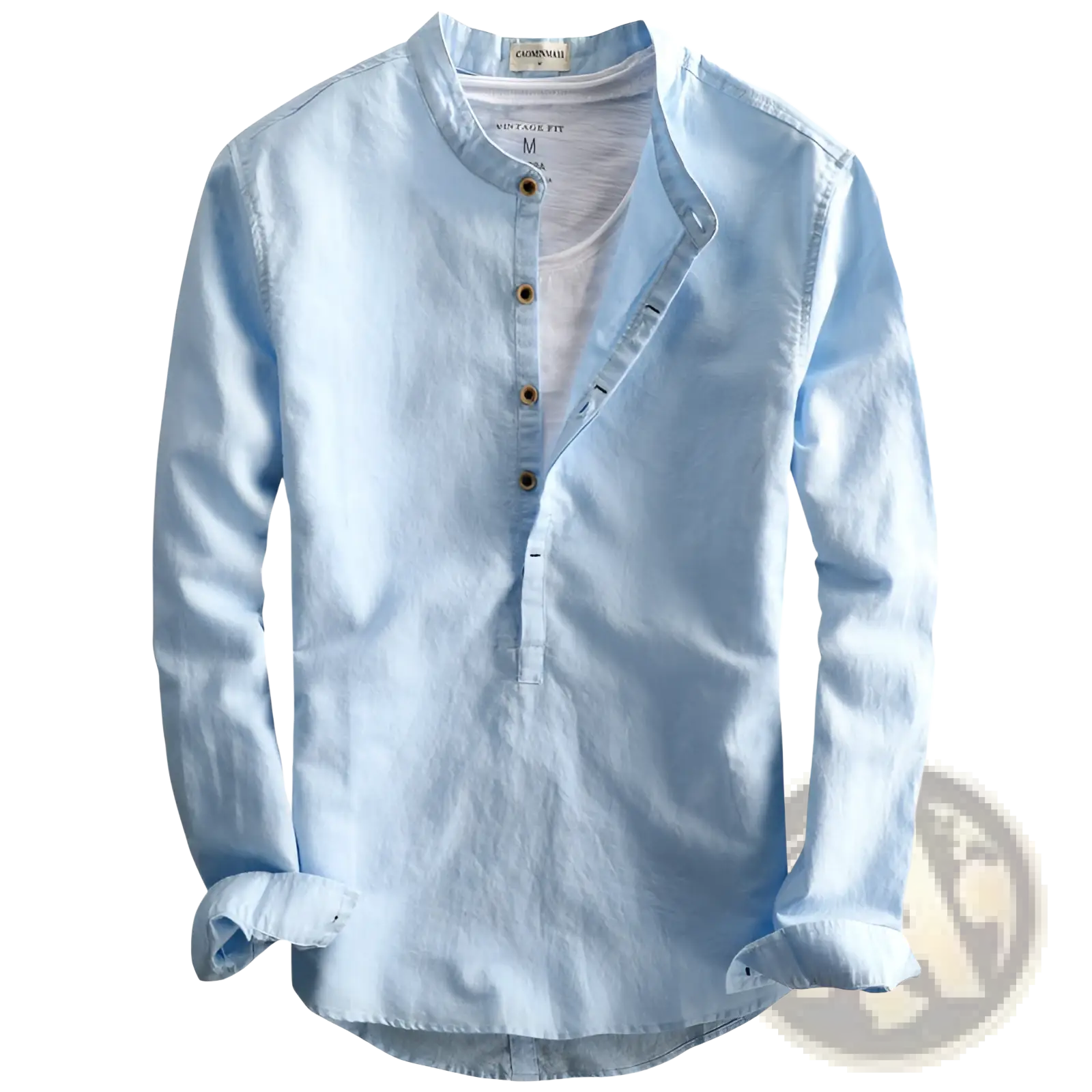 Light blue men’s loose linen long sleeve shirt with mandarin collar and button-down front