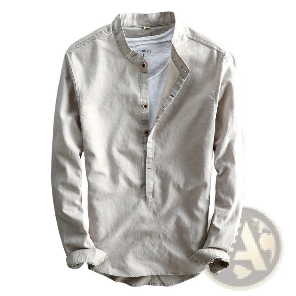 Men’s loose linen long sleeve shirt in light beige with mandarin collar and subtle stitching details