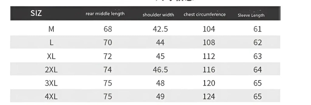 Size chart for a men’s loose linen mandarin collar long sleeve shirt showing measurements in centimeters for m to 4xl