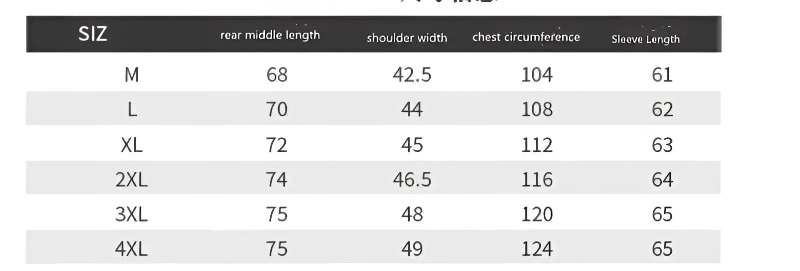 Size chart for a men’s loose linen mandarin collar long sleeve shirt showing measurements in centimeters for m to 4xl