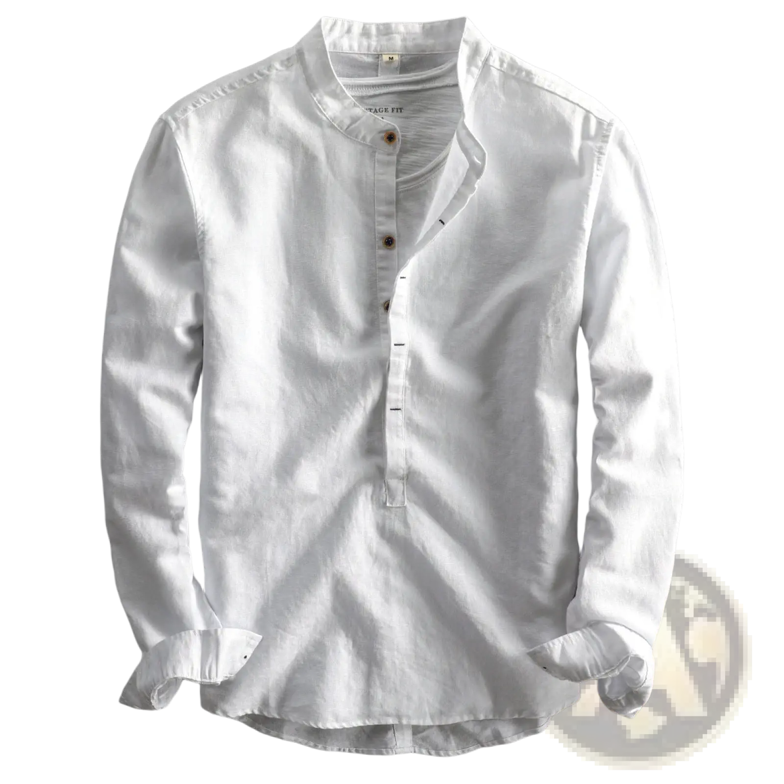 White men’s loose linen long sleeve shirt with mandarin collar and button-front closure