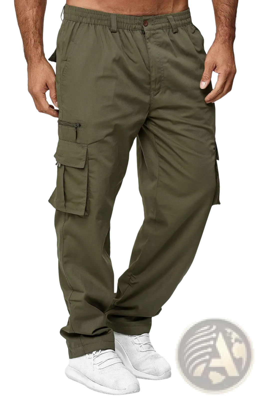 Olive green men’s loose cargo pants with multiple pockets and elastic waistband for casual wear