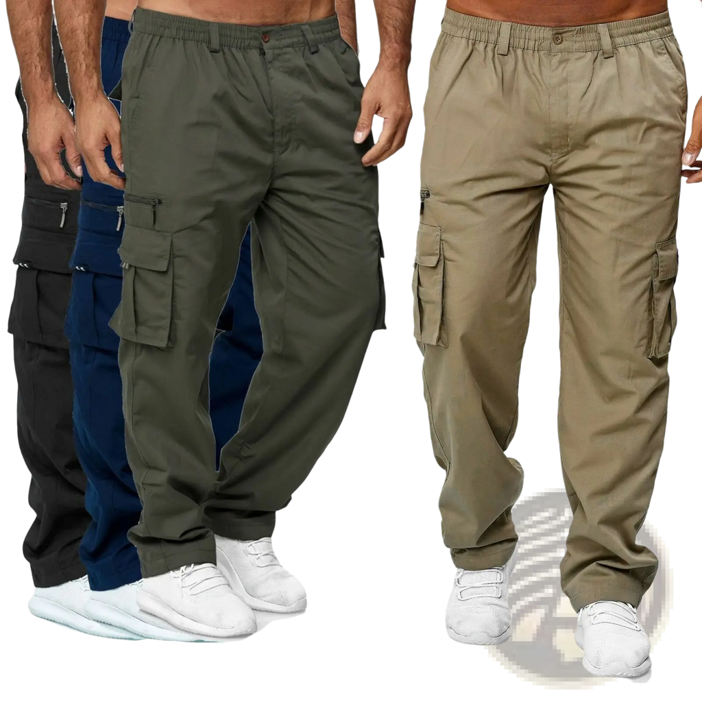 Men’s loose multi-pocket elastic waist cargo pants in olive green black navy blue and khaki with multiple pockets