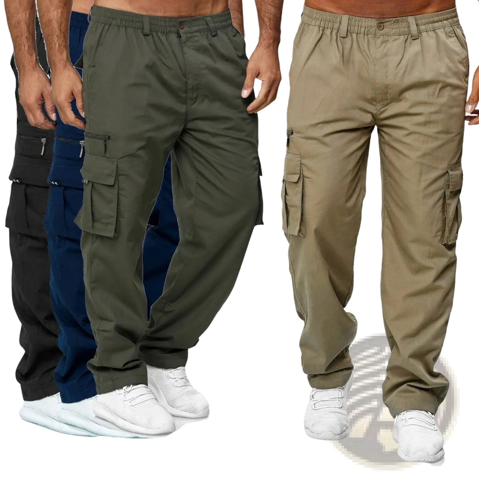 Men’s loose multi-pocket elastic waist cargo pants in olive green black navy blue and khaki with multiple pockets