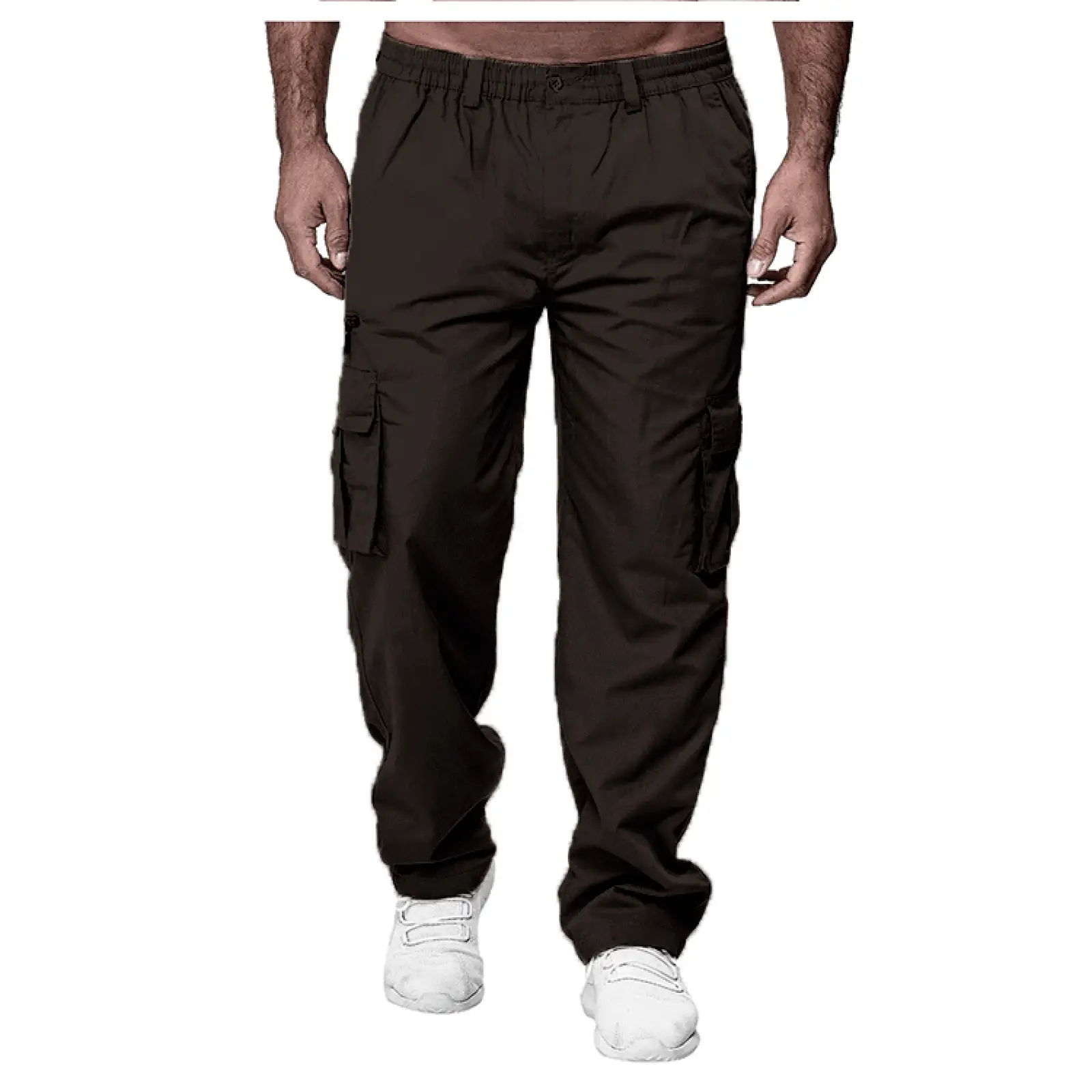 Men’s loose black cargo pants with elastic waistband and multiple side pockets for practical use