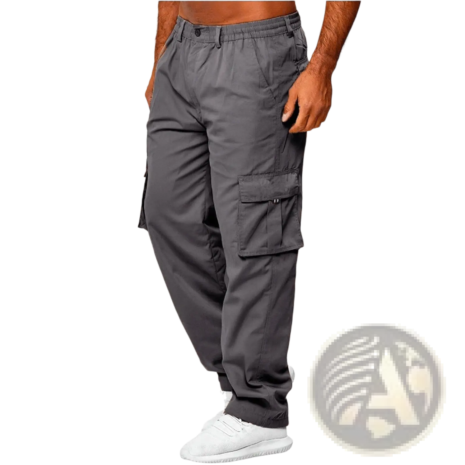 Men’s loose dark gray cargo pants with multiple pockets and elastic waistband for comfortable casual wear