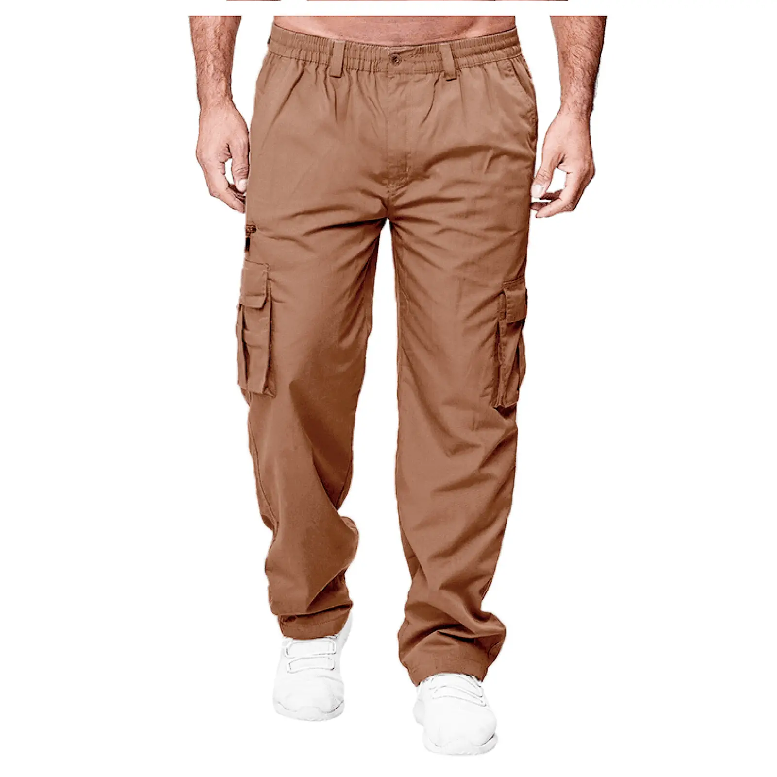 Men’s loose brown cargo pants with elastic waistband and multiple side pockets for comfortable casual wear