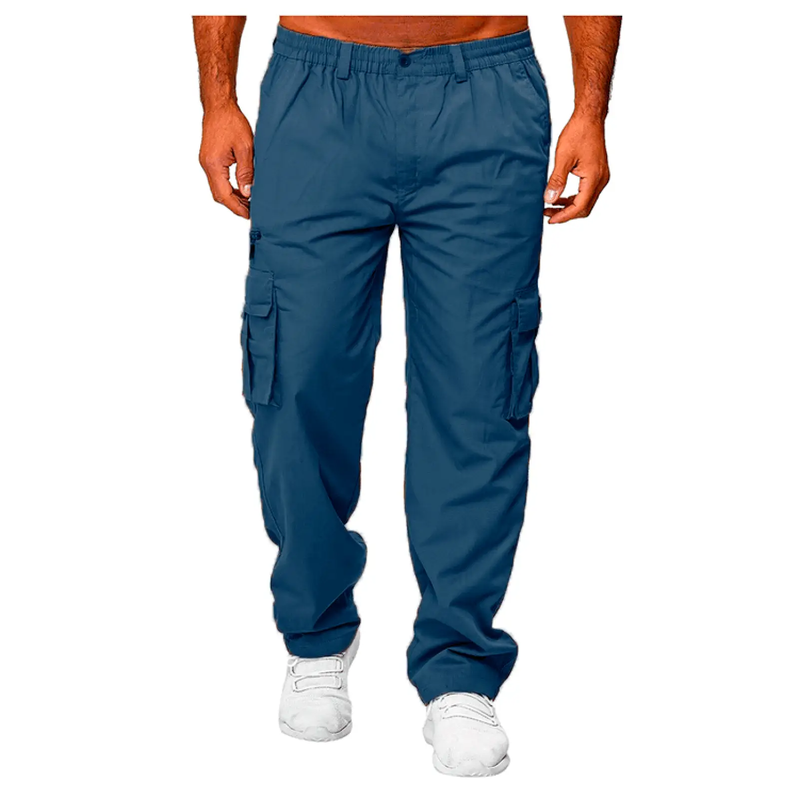 Men’s loose dark blue cargo pants with elastic waistband and multiple side pockets for casual wear
