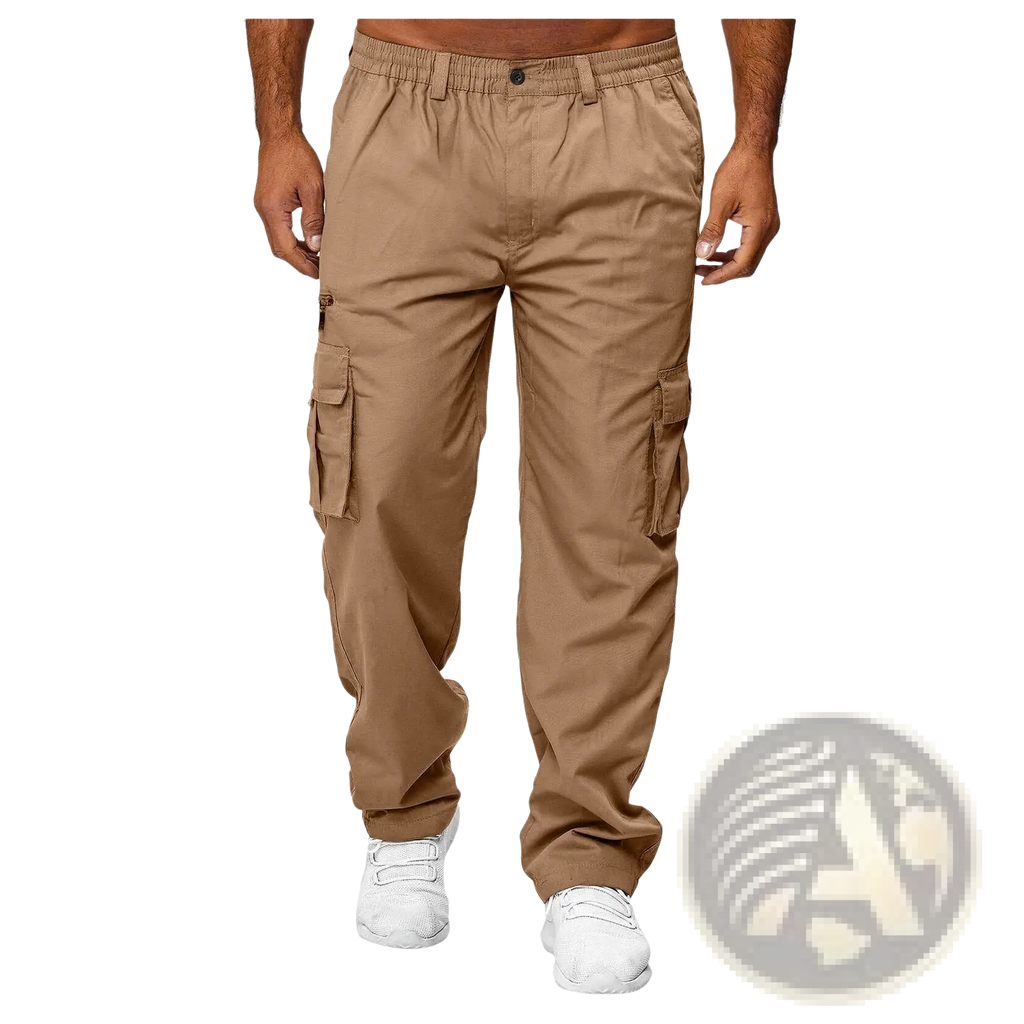Beige men’s loose cargo pants with elastic waistband and multiple side pockets for casual wear