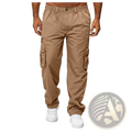 Beige men’s loose cargo pants with elastic waistband and multiple side pockets for casual wear