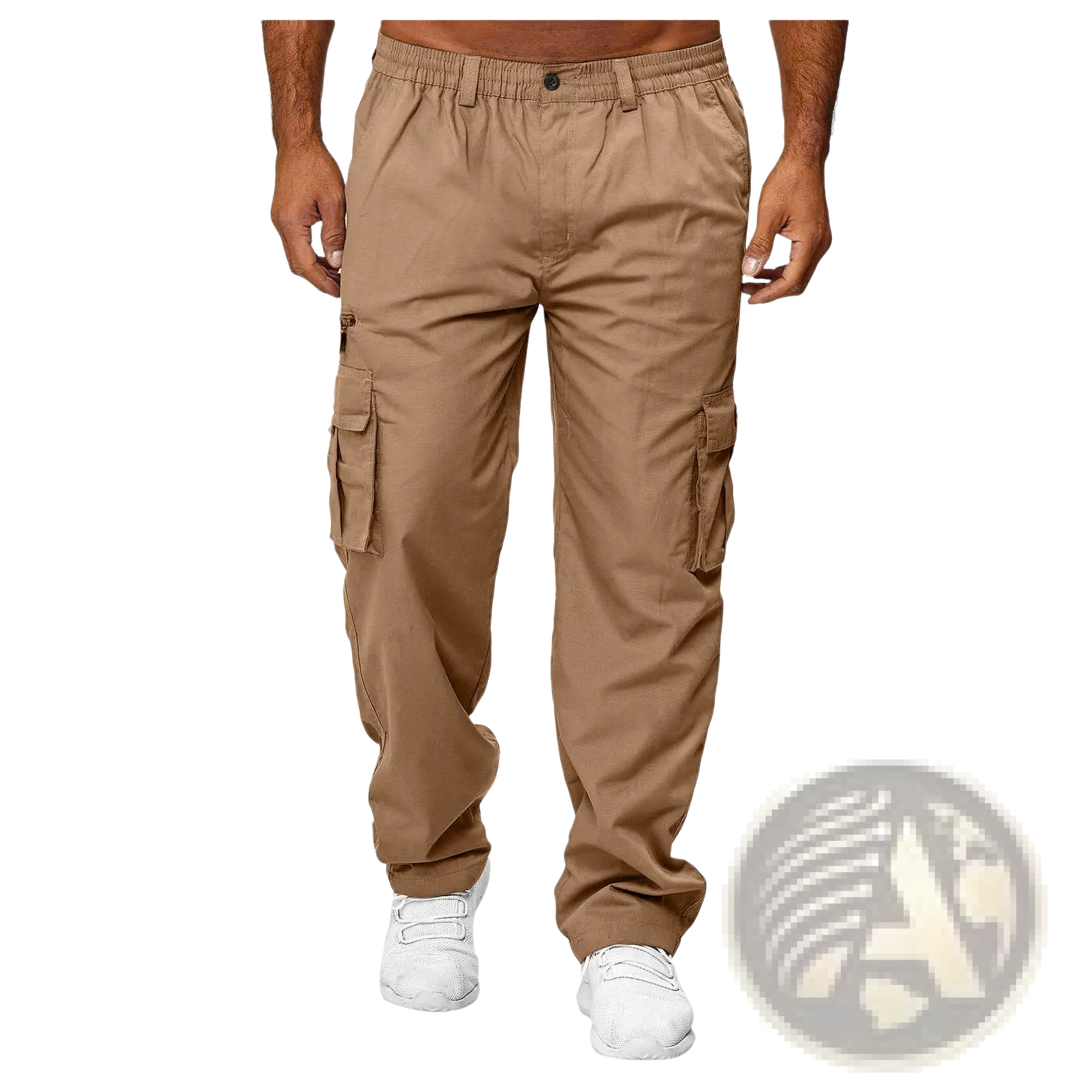 Beige men’s loose cargo pants with elastic waistband and multiple side pockets for casual wear