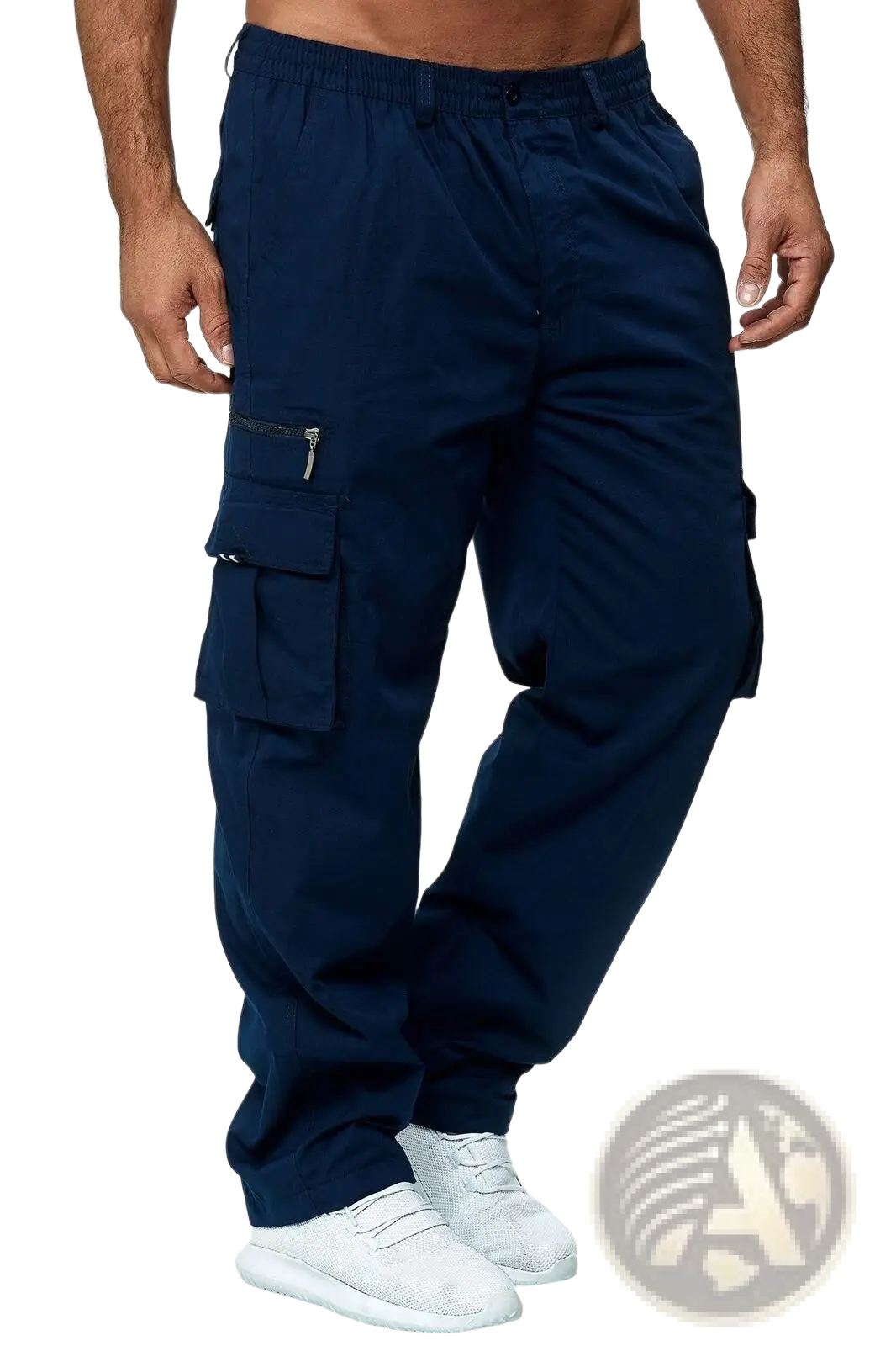 Men’s dark navy blue loose cargo pants with multi pockets and elastic drawstring waistband for casual wear