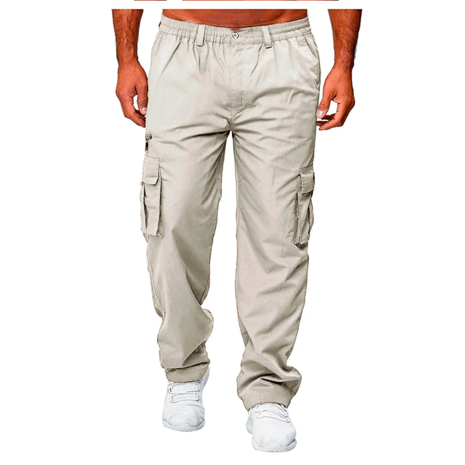 Men’s beige loose cargo pants with multiple side pockets and elastic waistband for comfortable wear