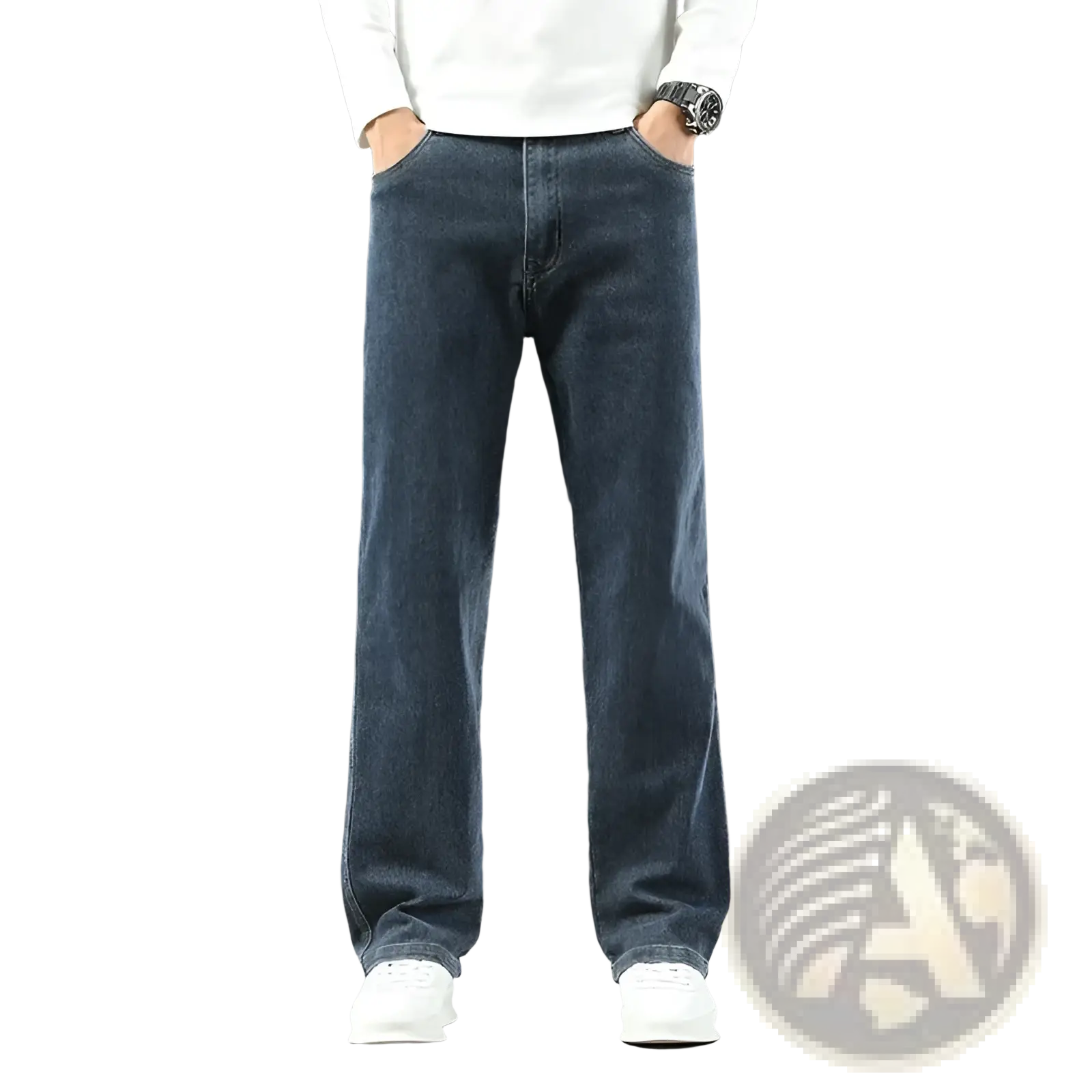 Men’s loose straight business casual jeans in dark blue denim with a classic five-pocket design