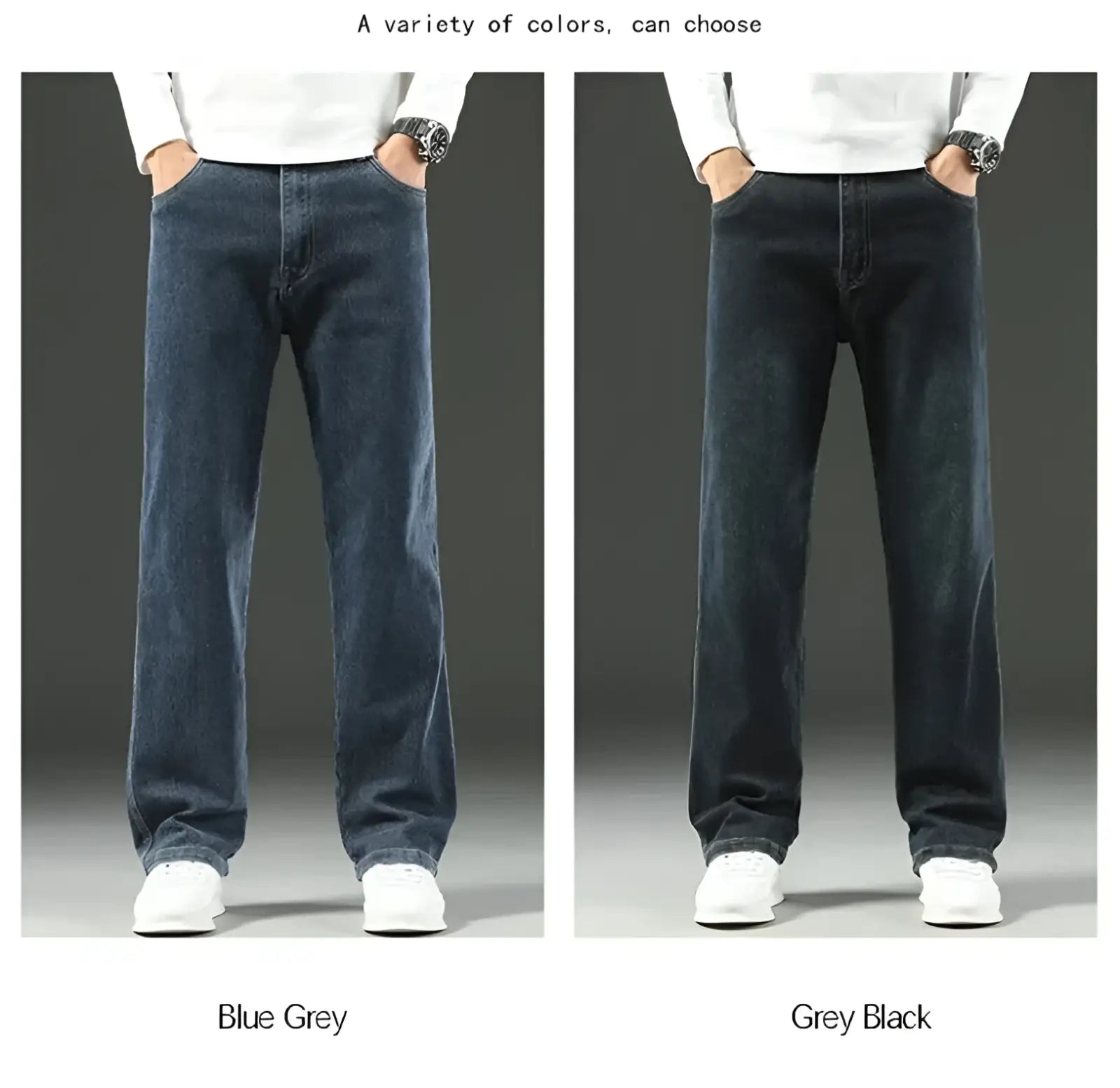 Men’s loose straight business casual jeans in blue grey and grey black denim with a relaxed straight-leg cut