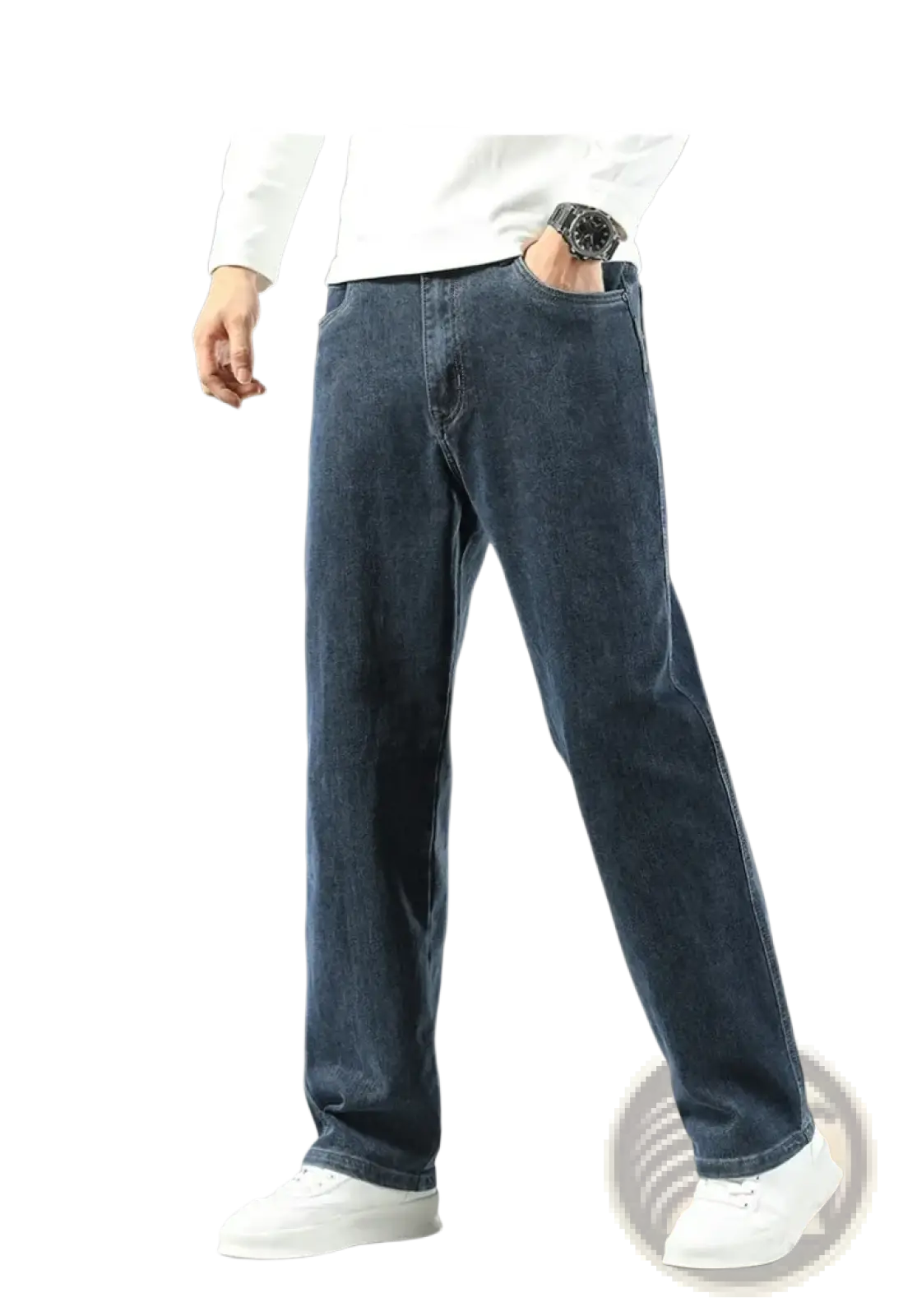 Men’s blue grey denim jeans with a relaxed straight-leg cut suitable for business casual wear